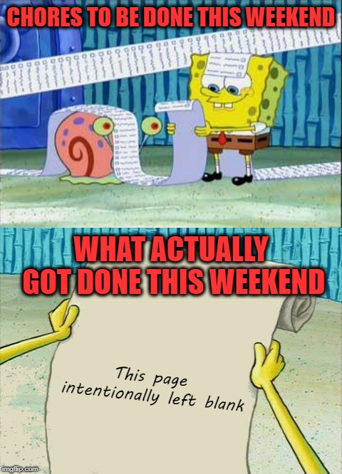 CHORES TO BE DONE THIS WEEKEND This page intentionally left blank WHAT ACTUALLY GOT DONE THIS WEEKEND | image tagged in spongebob's list | made w/ Imgflip meme maker