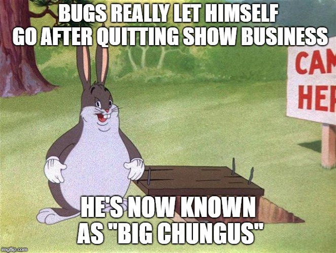 obesity is not a joke | BUGS REALLY LET HIMSELF GO AFTER QUITTING SHOW BUSINESS; HE'S NOW KNOWN AS ''BIG CHUNGUS'' | image tagged in big chungus,bugs bunny,looney tunes,memes | made w/ Imgflip meme maker