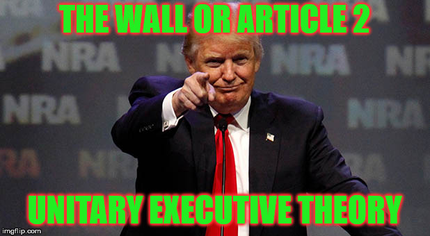 Trump Smiling | THE WALL OR ARTICLE 2; UNITARY EXECUTIVE THEORY | image tagged in trump smiling | made w/ Imgflip meme maker