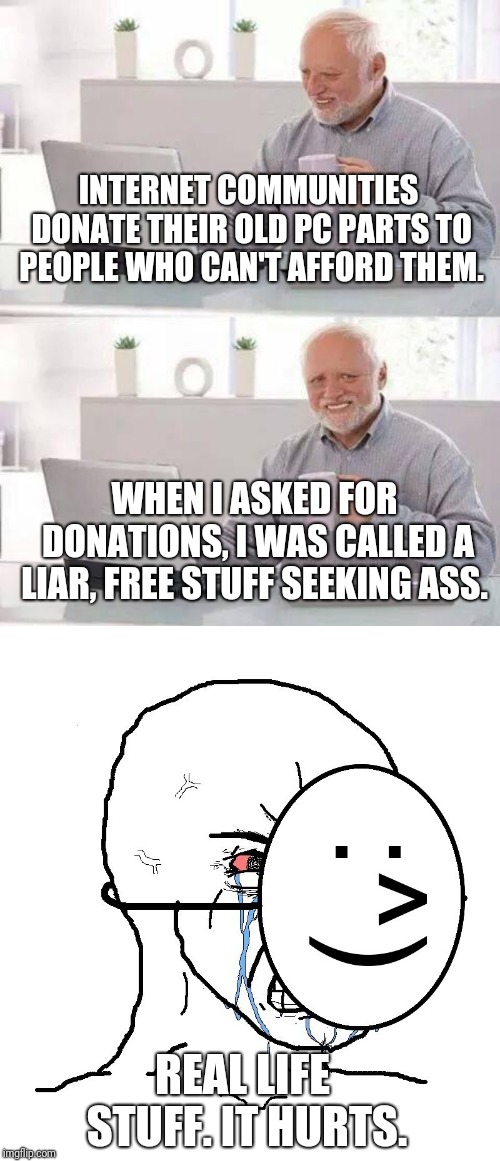 INTERNET COMMUNITIES DONATE THEIR OLD PC PARTS TO PEOPLE WHO CAN'T AFFORD THEM. WHEN I ASKED FOR DONATIONS, I WAS CALLED A LIAR, FREE STUFF SEEKING ASS. REAL LIFE STUFF. IT HURTS. | image tagged in memes,hide the pain harold | made w/ Imgflip meme maker