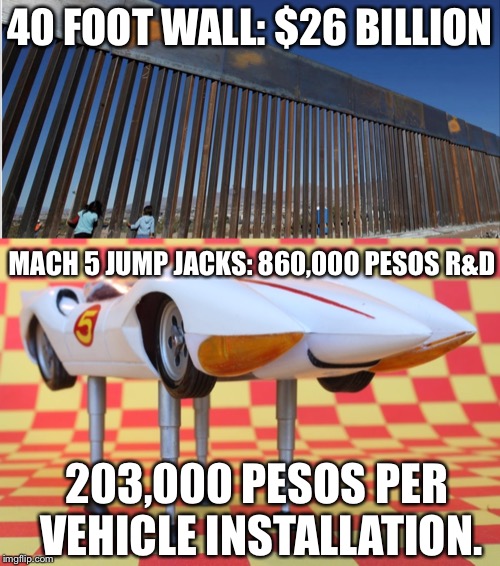 They always forget the cars. |  40 FOOT WALL: $26 BILLION; MACH 5 JUMP JACKS:
860,000 PESOS R&D; 203,000 PESOS PER VEHICLE INSTALLATION. | image tagged in border wall,trump,speed racer | made w/ Imgflip meme maker