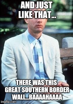 Forest gump | AND JUST LIKE THAT... THERE WAS THIS GREAT SOUTHERN BORDER WALL...BAAAAHAAAA | image tagged in forest gump | made w/ Imgflip meme maker