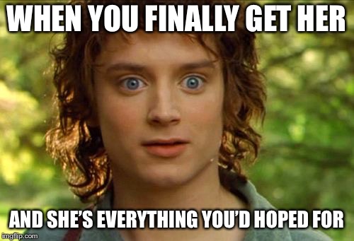 Surpised Frodo | WHEN YOU FINALLY GET HER; AND SHE’S EVERYTHING YOU’D HOPED FOR | image tagged in memes,surpised frodo | made w/ Imgflip meme maker