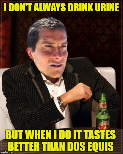 The Most Interesting Bear In The World | I DON'T ALWAYS DRINK URINE; BUT WHEN I DO IT TASTES BETTER THAN DOS EQUIS | image tagged in memes,the most interesting man in the world,bear grylls,funny memes | made w/ Imgflip meme maker