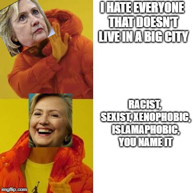 Hillary's preferences | I HATE EVERYONE THAT DOESN'T LIVE IN A BIG CITY; RACIST, SEXIST, XENOPHOBIC, ISLAMAPHOBIC, YOU NAME IT | image tagged in drake no/yes | made w/ Imgflip meme maker