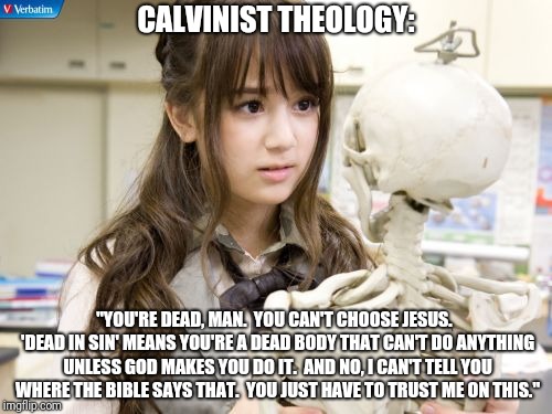 Oku Manami | CALVINIST THEOLOGY:; "YOU'RE DEAD, MAN.  YOU CAN'T CHOOSE JESUS.  'DEAD IN SIN' MEANS YOU'RE A DEAD BODY THAT CAN'T DO ANYTHING UNLESS GOD MAKES YOU DO IT.  AND NO, I CAN'T TELL YOU WHERE THE BIBLE SAYS THAT.  YOU JUST HAVE TO TRUST ME ON THIS." | image tagged in memes,oku manami | made w/ Imgflip meme maker
