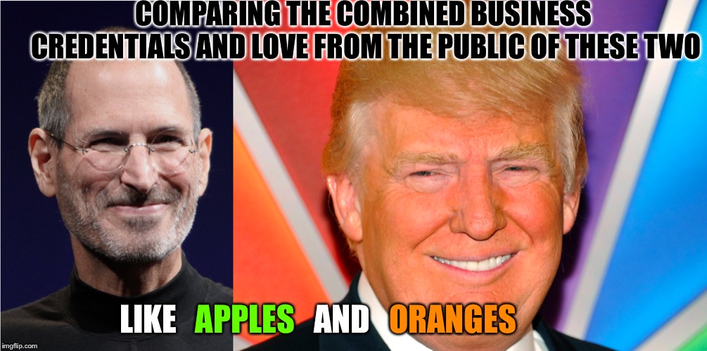 Trumps Got A Job on His Hands | COMPARING THE COMBINED BUSINESS CREDENTIALS AND LOVE FROM THE PUBLIC OF THESE TWO; LIKE; APPLES; AND; ORANGES | image tagged in memes,donald trump,politics,trump,annoying,go away | made w/ Imgflip meme maker