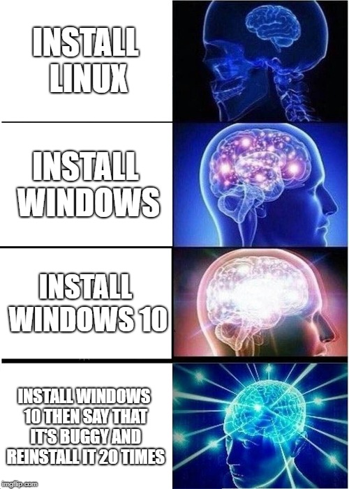 That's how OSes work  | INSTALL LINUX; INSTALL WINDOWS; INSTALL WINDOWS 10; INSTALL WINDOWS 10 THEN SAY THAT IT'S BUGGY AND REINSTALL IT 20 TIMES | image tagged in memes,expanding brain | made w/ Imgflip meme maker