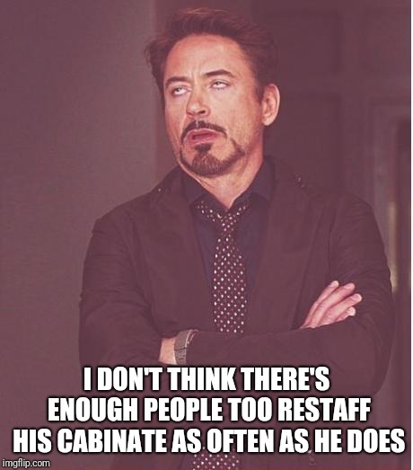 Face You Make Robert Downey Jr Meme | I DON'T THINK THERE'S ENOUGH PEOPLE TOO RESTAFF HIS CABINATE AS OFTEN AS HE DOES | image tagged in memes,face you make robert downey jr | made w/ Imgflip meme maker