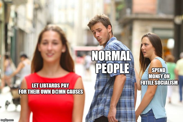 Distracted Boyfriend | NORMAL PEOPLE; SPEND MONEY ON FUTILE SOCIALISM; LET LIBTARDS PAY FOR THEIR OWN D@MN CAUSES | image tagged in memes,distracted boyfriend | made w/ Imgflip meme maker