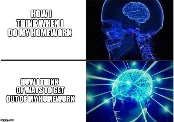 Expanding brain 2 tiles |  HOW I THINK WHEN I DO MY HOMEWORK; HOW I THINK OF WAYS TO GET OUT OF MY HOMEWORK | image tagged in expanding brain 2 tiles | made w/ Imgflip meme maker
