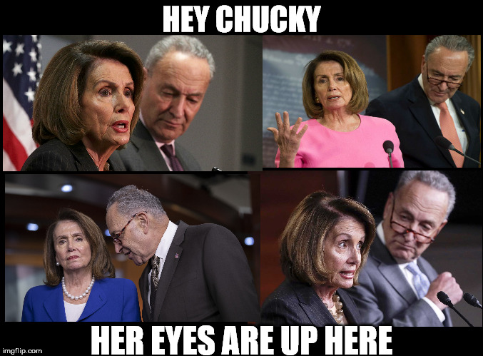 Chuck seems fascinated with a certain part of Nancy's anatomy. | HEY CHUCKY; HER EYES ARE UP HERE | image tagged in blank black,chuck and nancy | made w/ Imgflip meme maker