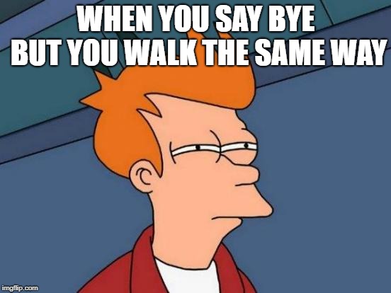Futurama Fry | WHEN YOU SAY BYE BUT YOU WALK THE SAME WAY | image tagged in memes,futurama fry | made w/ Imgflip meme maker