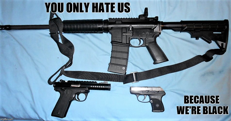 My "family," Ruger branch | YOU ONLY HATE US; BECAUSE WE'RE BLACK | image tagged in memes,guns,ar-15,pistol | made w/ Imgflip meme maker