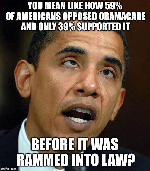 partisanship | YOU MEAN LIKE HOW 59% OF AMERICANS OPPOSED OBAMACARE AND ONLY 39% SUPPORTED IT BEFORE IT WAS RAMMED INTO LAW? | image tagged in partisanship | made w/ Imgflip meme maker