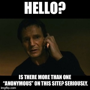 Liam Neeson Taken | HELLO? IS THERE MORE THAN ONE “ANONYMOUS” ON THIS SITE? SERIOUSLY. | image tagged in memes,liam neeson taken | made w/ Imgflip meme maker