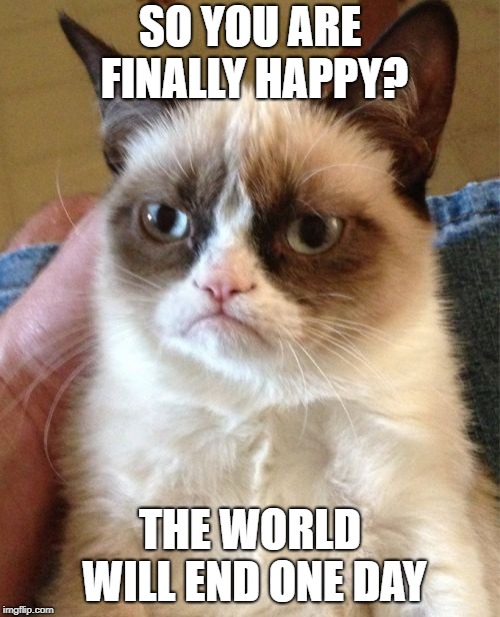 Grumpy Cat | SO YOU ARE FINALLY HAPPY? THE WORLD WILL END ONE DAY | image tagged in memes,grumpy cat | made w/ Imgflip meme maker