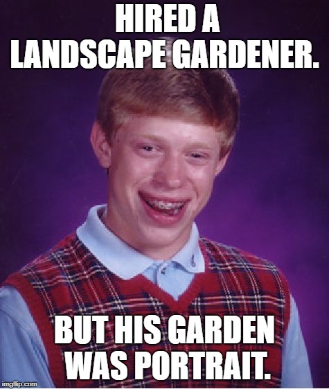 Bad Luck Brian Meme | HIRED A LANDSCAPE GARDENER. BUT HIS GARDEN WAS PORTRAIT. | image tagged in memes,bad luck brian | made w/ Imgflip meme maker
