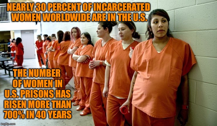 We've More Prisoners Actual and Relative Than Any Other Place In The World | NEARLY 30 PERCENT OF INCARCERATED WOMEN WORLDWIDE ARE IN THE U.S. THE NUMBER OF WOMEN IN U.S. PRISONS HAS RISEN MORE THAN 700% IN 40 YEARS | image tagged in women,prisoners,prison,incarcerated,risen | made w/ Imgflip meme maker