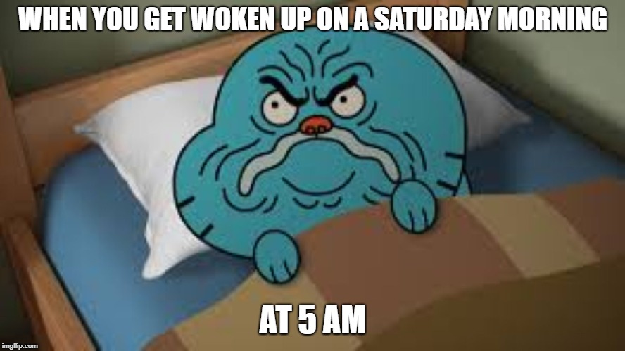 Gumball upset | WHEN YOU GET WOKEN UP ON A SATURDAY MORNING; AT 5 AM | image tagged in gumball upset | made w/ Imgflip meme maker