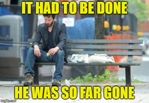 Sad Keanu Meme | IT HAD TO BE DONE HE WAS SO FAR GONE | image tagged in memes,sad keanu | made w/ Imgflip meme maker