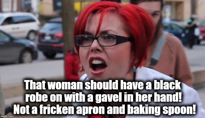 That woman should have a black robe on with a gavel in her hand!  Not a fricken apron and baking spoon! | image tagged in sjw | made w/ Imgflip meme maker