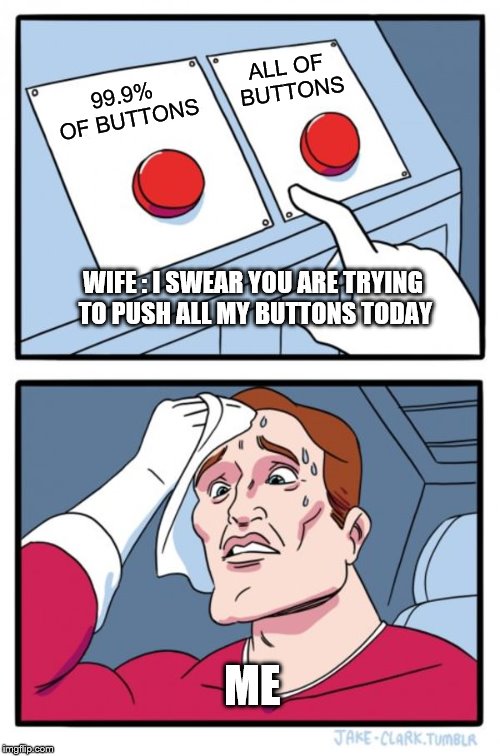 Two Buttons | ALL OF BUTTONS; 99.9% OF BUTTONS; WIFE : I SWEAR YOU ARE TRYING TO PUSH ALL MY BUTTONS TODAY; ME | image tagged in memes,two buttons | made w/ Imgflip meme maker