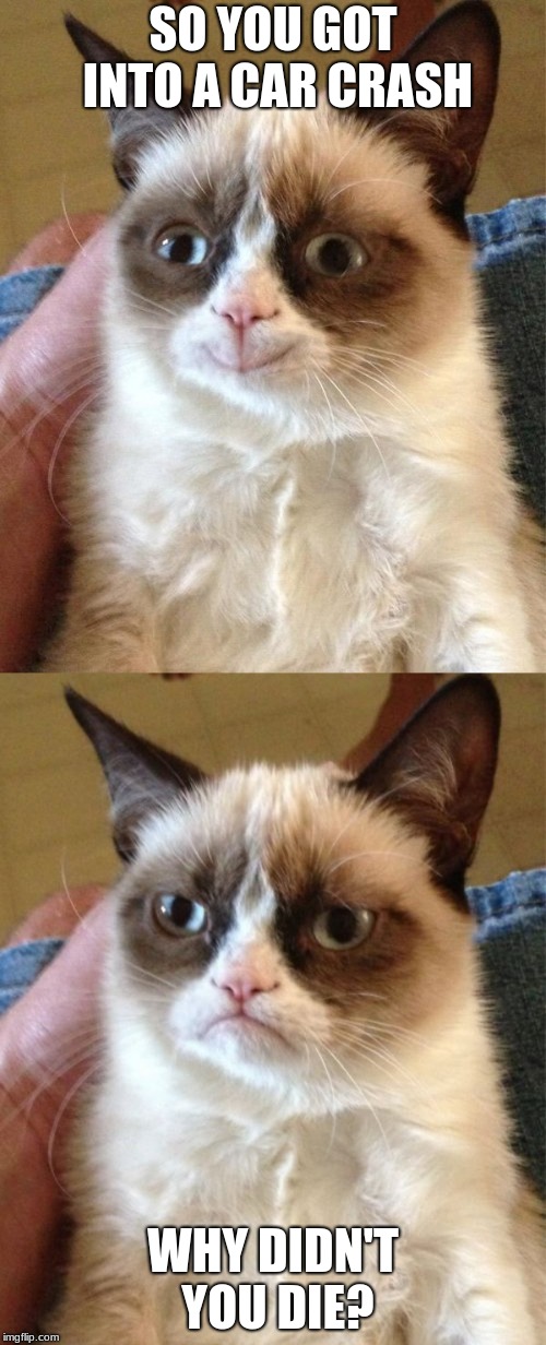 The Pissed off Cat.... | SO YOU GOT INTO A CAR CRASH; WHY DIDN'T YOU DIE? | image tagged in memes,grumpy cat,grumpy cat happy | made w/ Imgflip meme maker