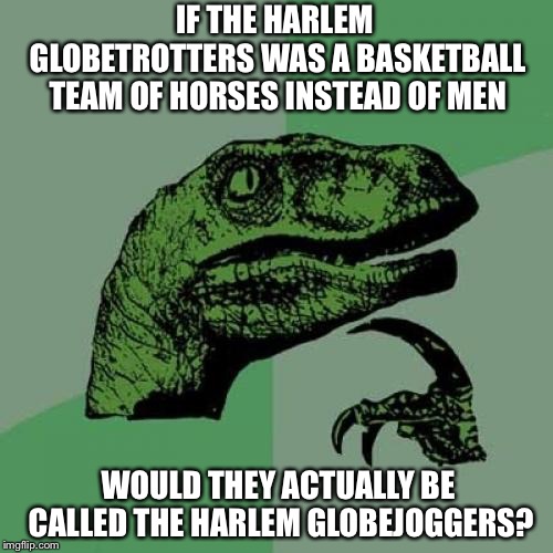 In an Alternate Universe Far Far Away | IF THE HARLEM GLOBETROTTERS WAS A BASKETBALL TEAM OF HORSES INSTEAD OF MEN; WOULD THEY ACTUALLY BE CALLED THE HARLEM GLOBEJOGGERS? | image tagged in memes,philosoraptor,basketball,playing,horses,that would be great | made w/ Imgflip meme maker