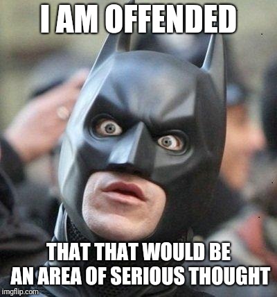 Shocked Batman | I AM OFFENDED THAT THAT WOULD BE AN AREA OF SERIOUS THOUGHT | image tagged in shocked batman | made w/ Imgflip meme maker