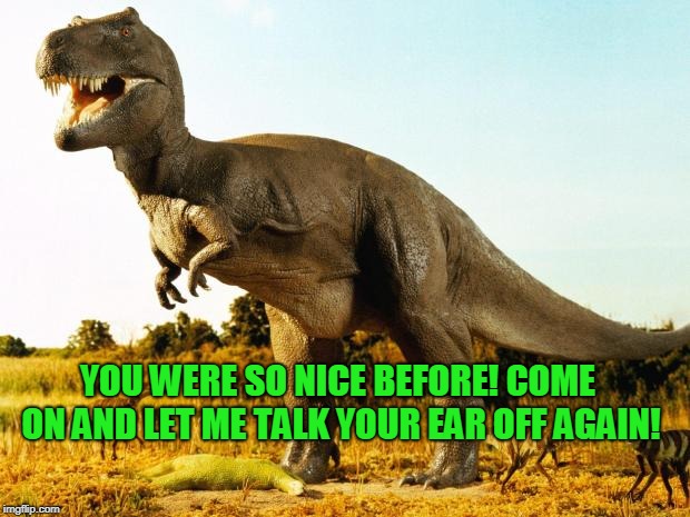 T-Rex | YOU WERE SO NICE BEFORE! COME ON AND LET ME TALK YOUR EAR OFF AGAIN! | image tagged in t-rex | made w/ Imgflip meme maker