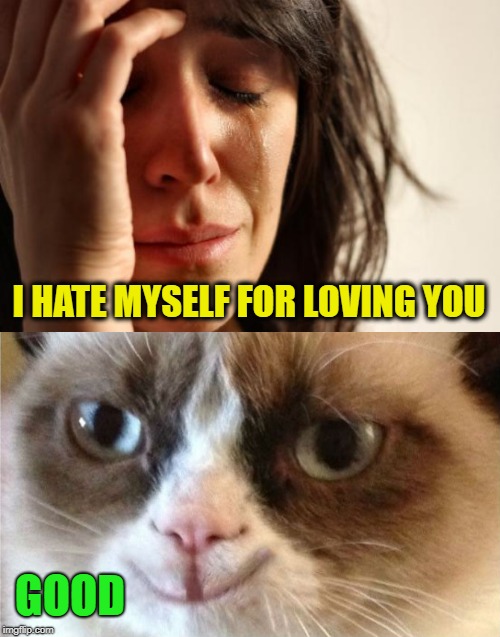 Love hurts | I HATE MYSELF FOR LOVING YOU; GOOD | image tagged in memes,cat,grumpy cat,funny memes,cat meme,joan jett | made w/ Imgflip meme maker