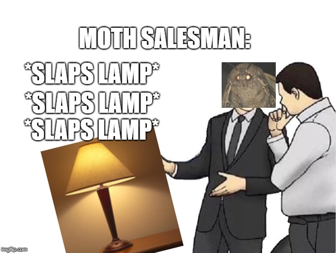 slaps lamp | MOTH SALESMAN:; *SLAPS LAMP*; *SLAPS LAMP*; *SLAPS LAMP* | image tagged in memes,car salesman slaps hood,funny,moth | made w/ Imgflip meme maker