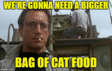 We're gonna need a bigger boat | WE'RE GONNA NEED A BIGGER BAG OF CAT FOOD | image tagged in we're gonna need a bigger boat | made w/ Imgflip meme maker