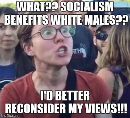 Angry Liberal | WHAT?? SOCIALISM BENEFITS WHITE MALES?? I'D BETTER RECONSIDER MY VIEWS!!! | image tagged in angry liberal | made w/ Imgflip meme maker