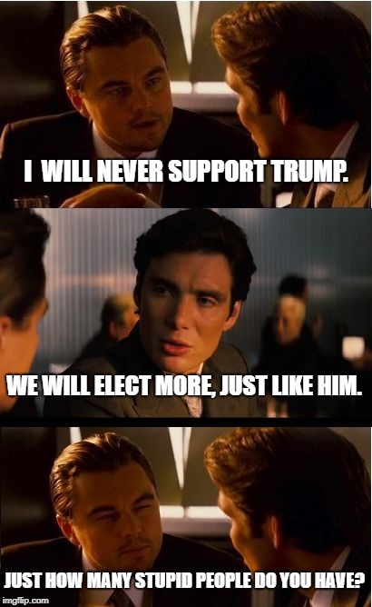 Inception Meme | I  WILL NEVER SUPPORT TRUMP. WE WILL ELECT MORE, JUST LIKE HIM. JUST HOW MANY STUPID PEOPLE DO YOU HAVE? | image tagged in memes,inception | made w/ Imgflip meme maker