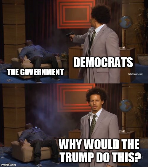 shutdown blame game | DEMOCRATS; THE GOVERNMENT; WHY WOULD THE TRUMP DO THIS? | image tagged in memes,who killed hannibal | made w/ Imgflip meme maker