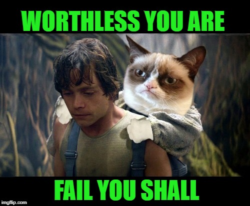 Grumpy Jedi training | WORTHLESS YOU ARE; FAIL YOU SHALL | image tagged in funny memes,yoda  luke,grumpy cat,cat | made w/ Imgflip meme maker