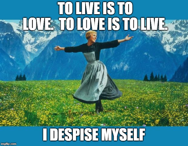 the sound of music happiness | TO LIVE IS TO LOVE.  TO LOVE IS TO LIVE. I DESPISE MYSELF | image tagged in the sound of music happiness | made w/ Imgflip meme maker