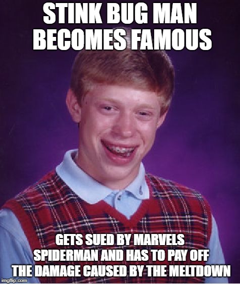 Bad Luck Brian Meme | STINK BUG MAN BECOMES FAMOUS GETS SUED BY MARVELS SPIDERMAN AND HAS TO PAY OFF THE DAMAGE CAUSED BY THE MELTDOWN | image tagged in memes,bad luck brian | made w/ Imgflip meme maker