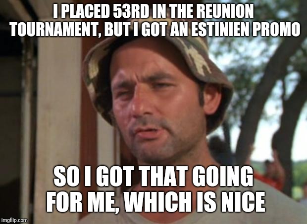 So I Got That Goin For Me Which Is Nice Meme | I PLACED 53RD IN THE REUNION TOURNAMENT, BUT I GOT AN ESTINIEN PROMO; SO I GOT THAT GOING FOR ME, WHICH IS NICE | image tagged in memes,so i got that goin for me which is nice | made w/ Imgflip meme maker