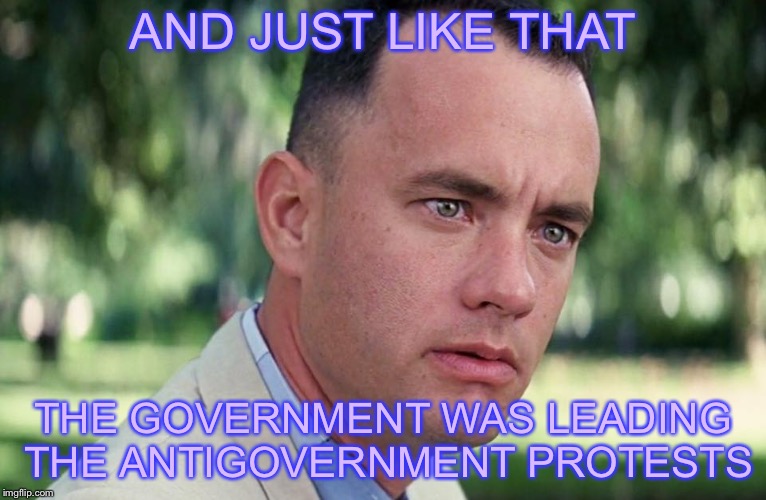 And Just Like That Meme | AND JUST LIKE THAT; THE GOVERNMENT WAS LEADING THE ANTIGOVERNMENT PROTESTS | image tagged in and just like that | made w/ Imgflip meme maker