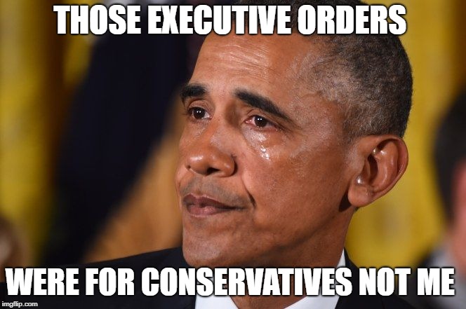 CRYING OBAMA | THOSE EXECUTIVE ORDERS; WERE FOR CONSERVATIVES NOT ME | image tagged in crying obama | made w/ Imgflip meme maker