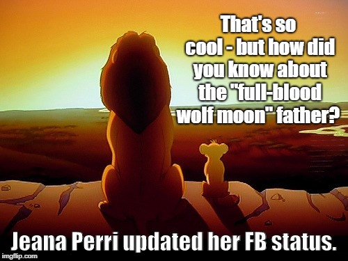 Lion King Meme | That's so cool - but how did you know about the "full-blood wolf moon" father? Jeana Perri updated her FB status. | image tagged in memes,lion king | made w/ Imgflip meme maker