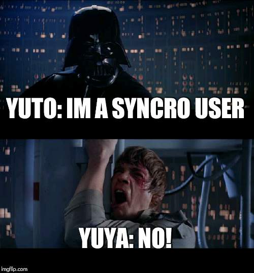 if u no seen yugioh arc-v, wat wrong wit u? | YUTO: IM A SYNCRO USER; YUYA: NO! | image tagged in memes,star wars no,yugioh | made w/ Imgflip meme maker