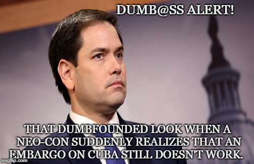 Anti-trade Conservative | DUMB@SS ALERT! THAT DUMBFOUNDED LOOK WHEN A NEO-CON SUDDENLY REALIZES THAT AN EMBARGO ON CUBA STILL DOESN'T WORK. | image tagged in cuba,embargo,rubio,neo-con,communism,worm | made w/ Imgflip meme maker