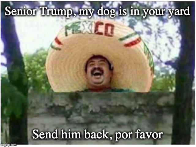 Good Neighbors | Senior Trump, my dog is in your yard; Send him back, por favor | image tagged in happy mexican,border wall,neighbors | made w/ Imgflip meme maker