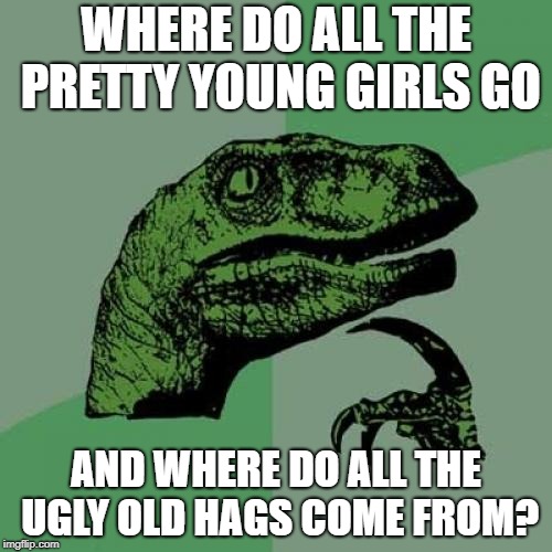Philosoraptor Meme | WHERE DO ALL THE PRETTY YOUNG GIRLS GO; AND WHERE DO ALL THE UGLY OLD HAGS COME FROM? | image tagged in memes,philosoraptor | made w/ Imgflip meme maker