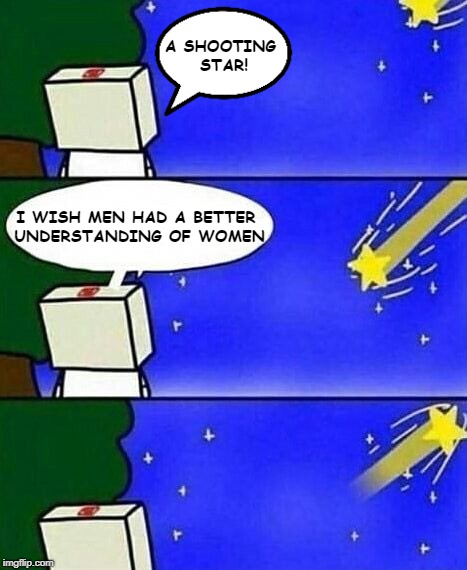 Not today! | A SHOOTING STAR! I WISH MEN HAD A BETTER UNDERSTANDING OF WOMEN | image tagged in falling star wish desire disappointment,memes,shooting star,wishing,men vs women,funny | made w/ Imgflip meme maker