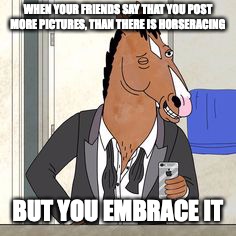 WHEN YOUR FRIENDS SAY THAT YOU POST MORE PICTURES, THAN THERE IS HORSERACING; BUT YOU EMBRACE IT | image tagged in horse | made w/ Imgflip meme maker